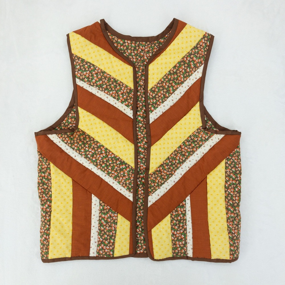 Handmade Quilted Vest Womens Large Brown Floral Patchwork Chevron Open Front